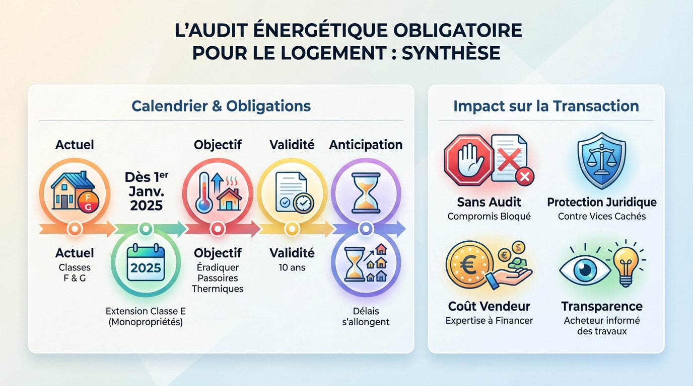 Synthèse visuelle des obligations et du calendrier de l'audit énergétique pour la vente de logements
