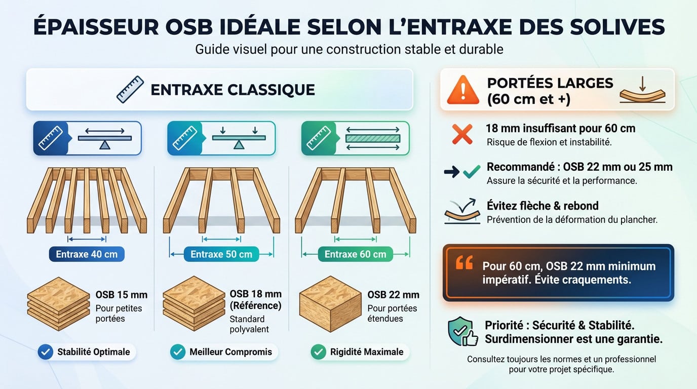Schéma technique illustrant l'épaisseur recommandée des panneaux OSB en fonction de l'espacement des solives