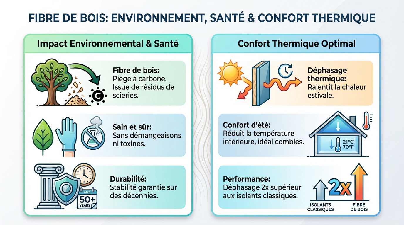 Schéma illustrant le déphasage thermique et les avantages écologiques de la fibre de bois
