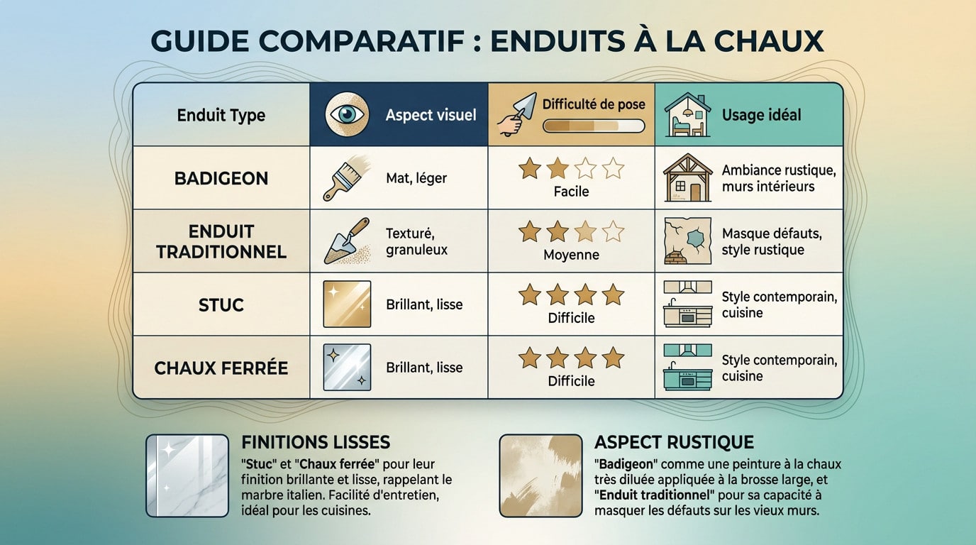 Comparatif des textures d'enduits à la chaux : badigeon mat, stuc brillant et enduit traditionnel granuleux
