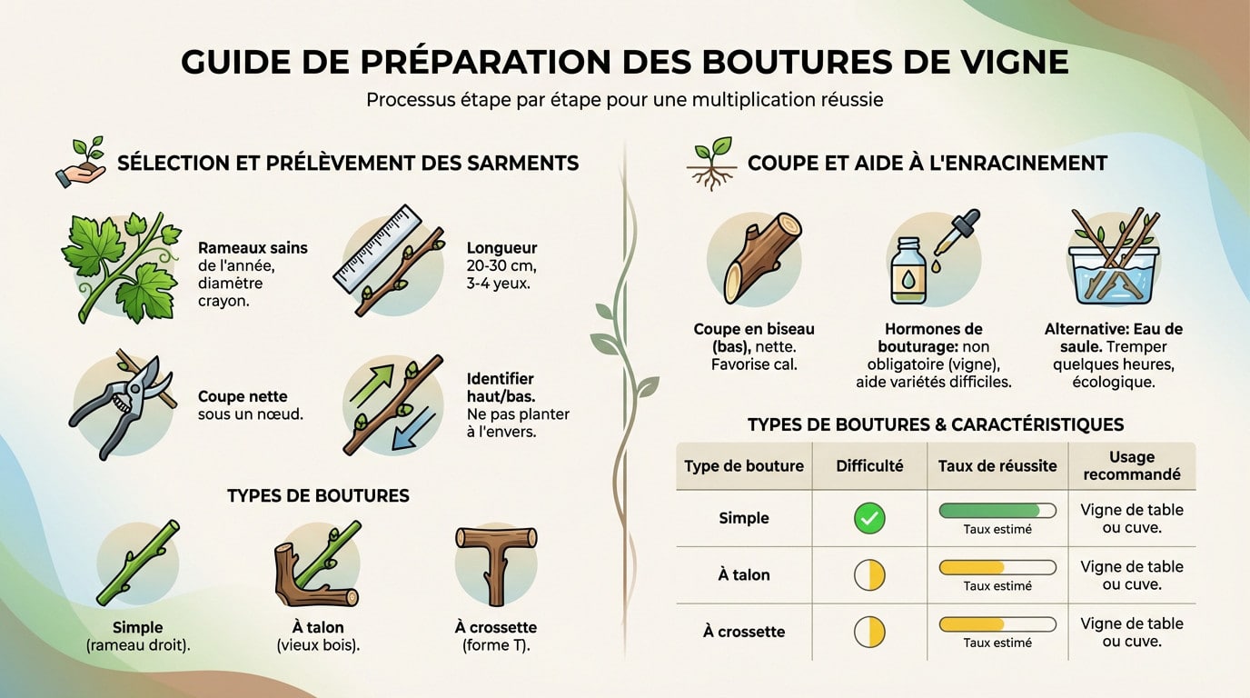 Schéma illustrant la préparation et la coupe d'une bouture de vigne