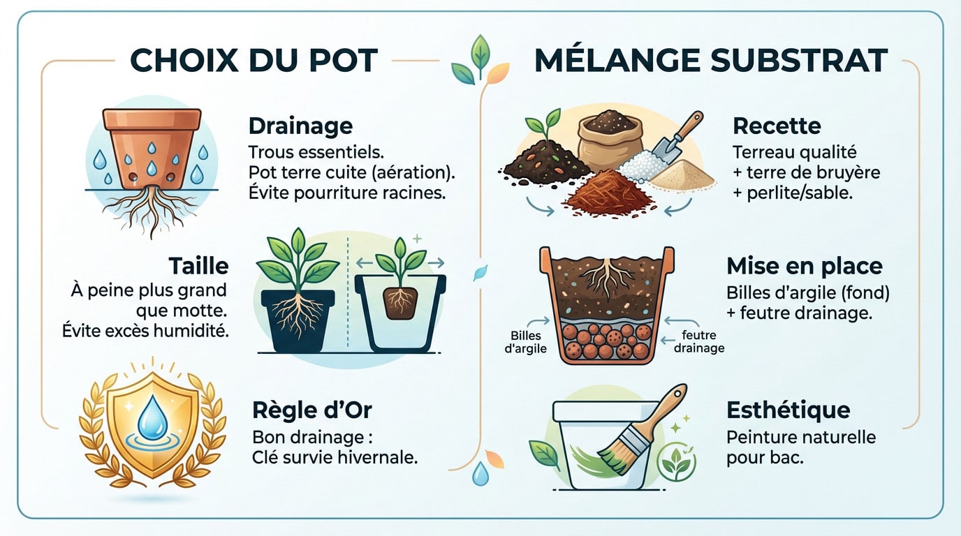 Schéma montrant le drainage avec billes d'argile et feutre pour un érable en pot