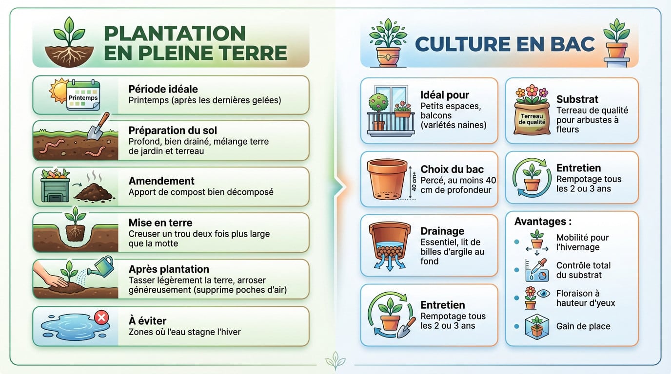 Infographie comparant la plantation du Lilas des Indes en pleine terre et sa culture en bac