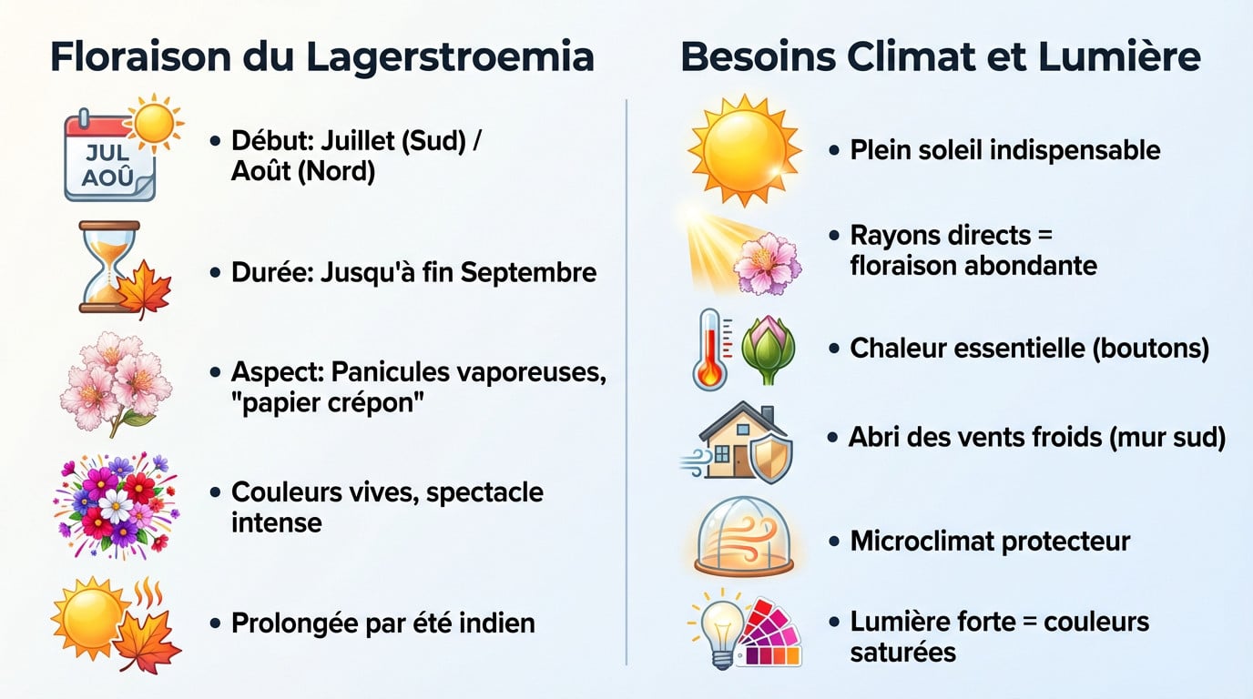 Floraison estivale abondante d'un Lagerstroemia indica en plein soleil