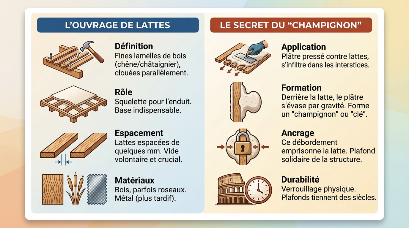Schéma technique montrant la formation du champignon de plâtre sur un lattis bois