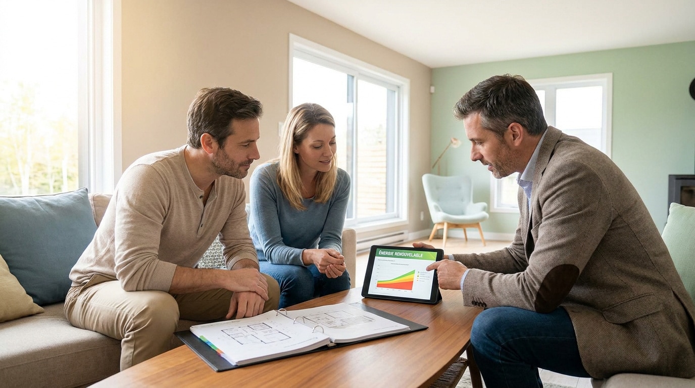 Un conseiller présente un projet d'énergie renouvelable sur tablette à un couple dans leur salon.