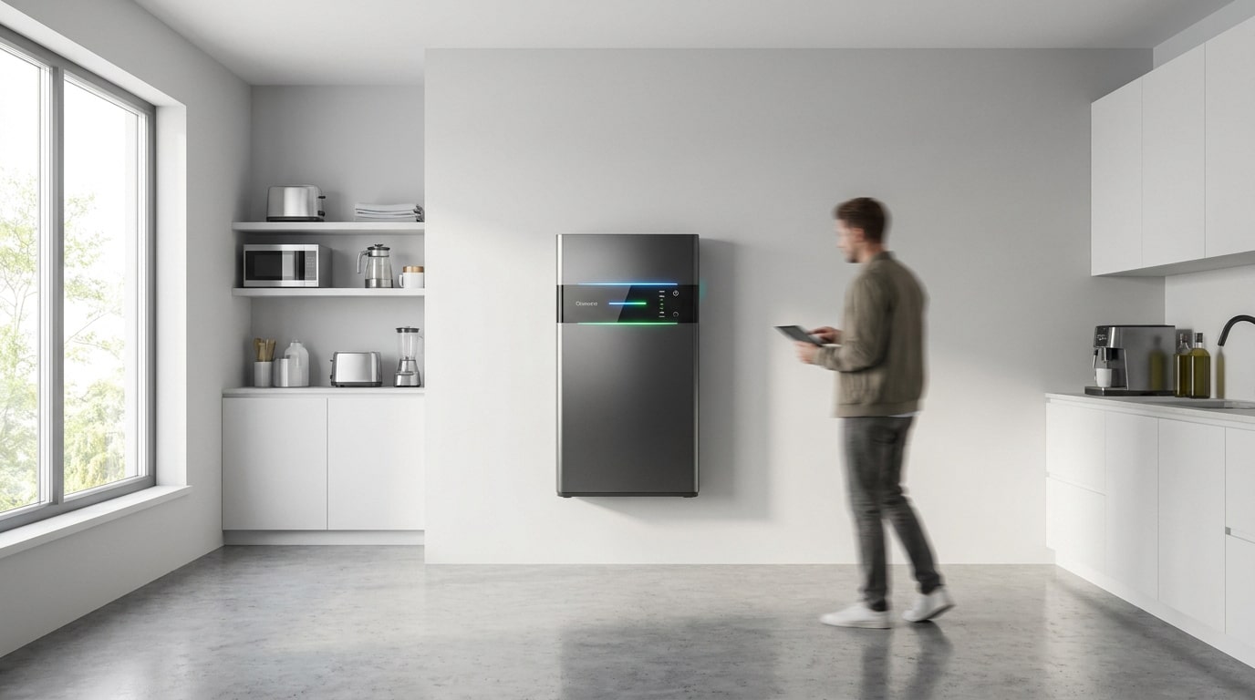 Un homme utilise une tablette devant une batterie solaire murale moderne et lumineuse installée dans une cuisine.