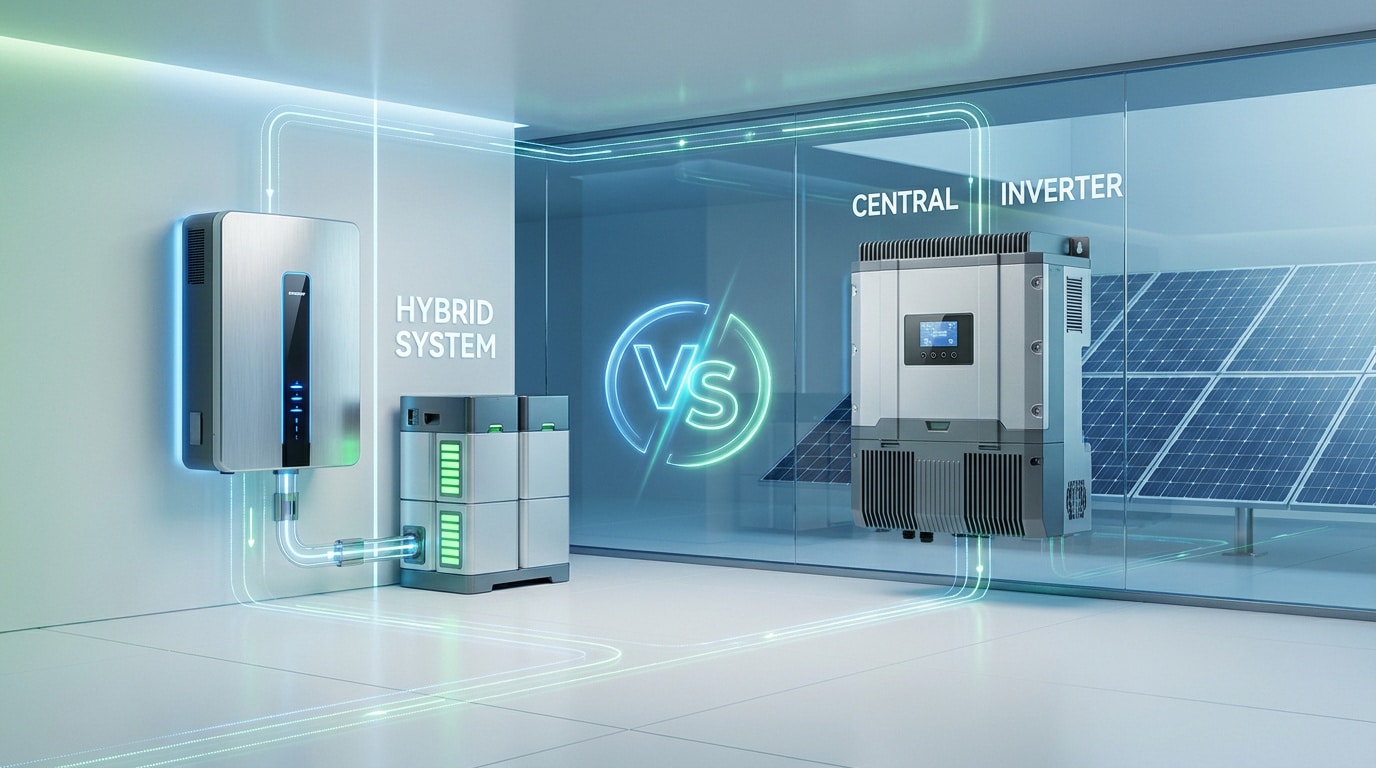 Comparaison visuelle entre un système d'onduleur hybride avec batterie et un onduleur central pour panneaux solaires.