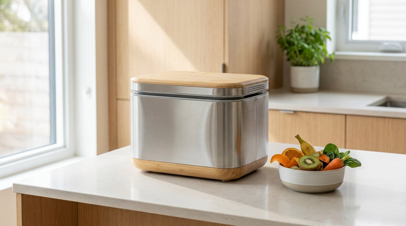 Composteur de cuisine moderne en acier inoxydable avec un couvercle en bois posé sur un plan de travail.