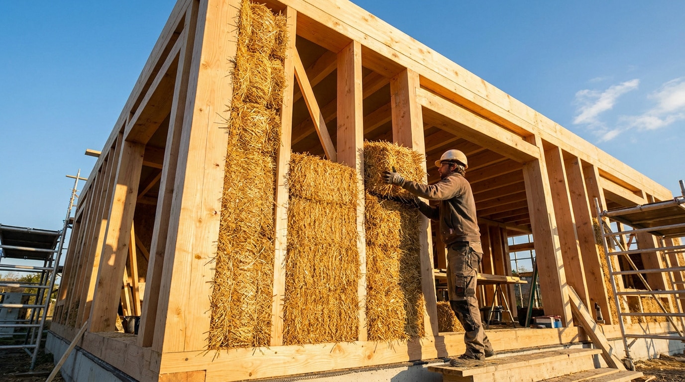Un ouvrier en casque de chantier insère une botte de paille dans l'ossature bois d'une maison en construction.