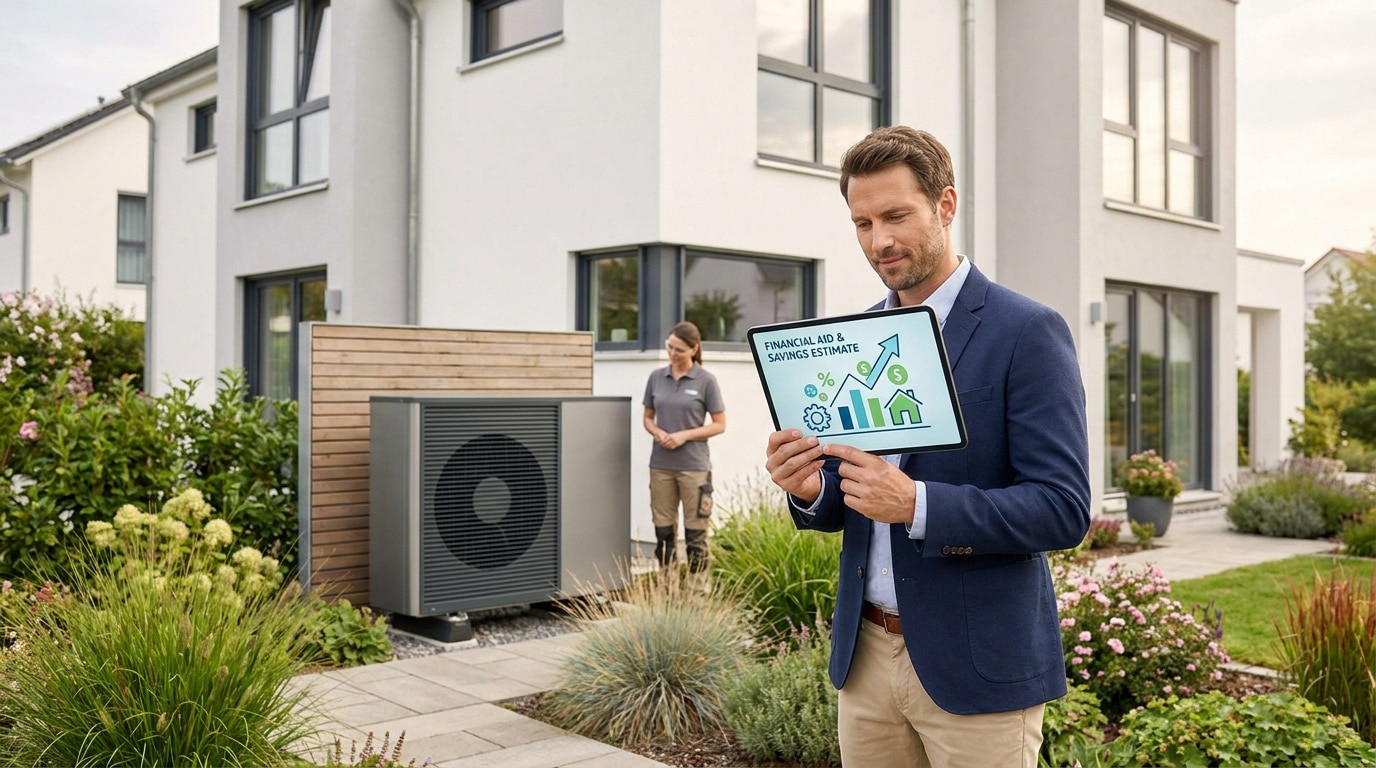 Un professionnel présente un devis sur une tablette devant une pompe à chaleur installée près d'une maison moderne.
