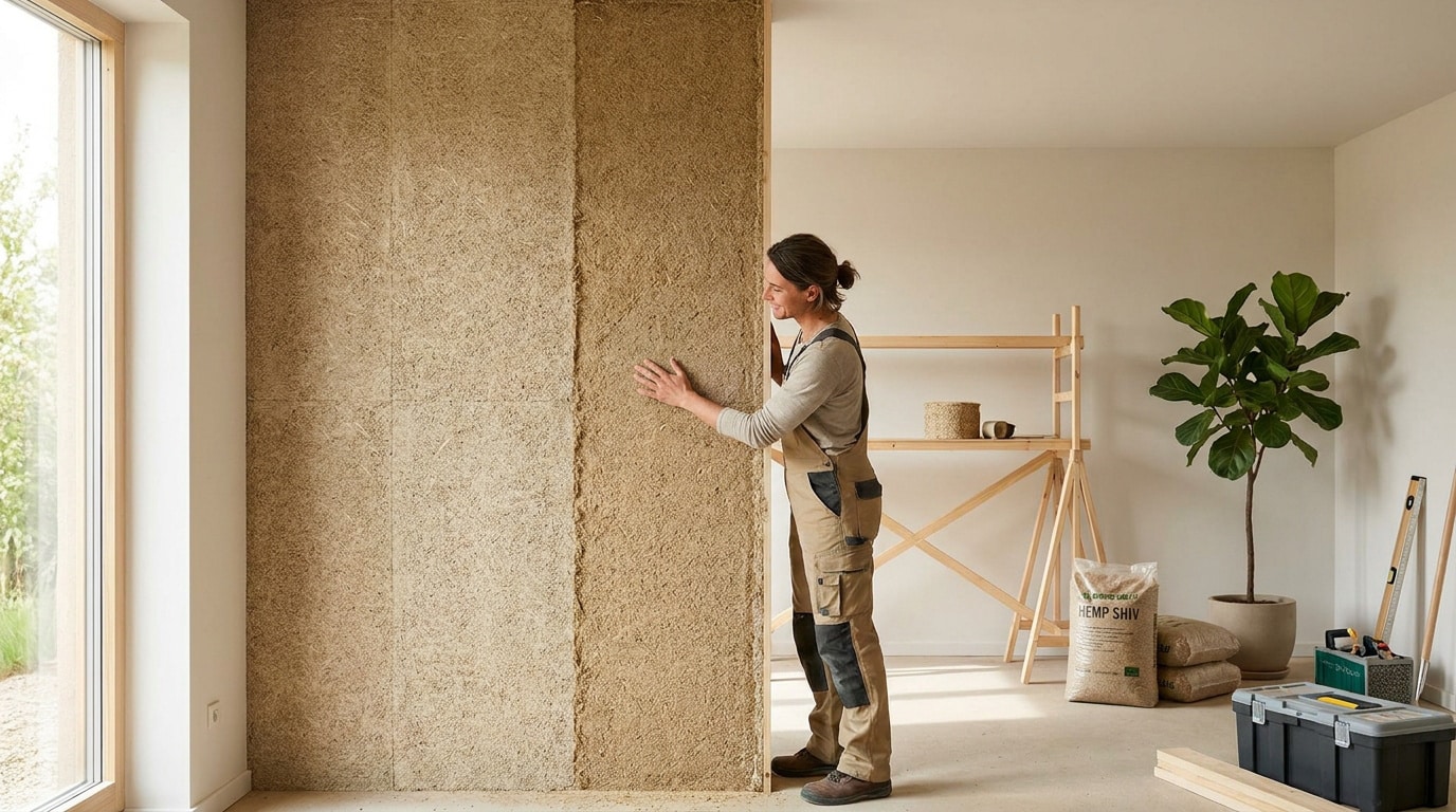 Artisan examinant une cloison isolante en panneaux de béton de chanvre dans une maison lumineuse.