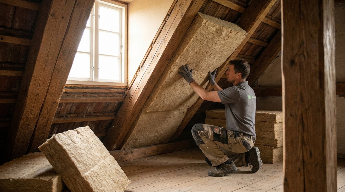 Un artisan pose des panneaux d'isolation en laine de bois entre les chevrons d'un grenier sous les combles.