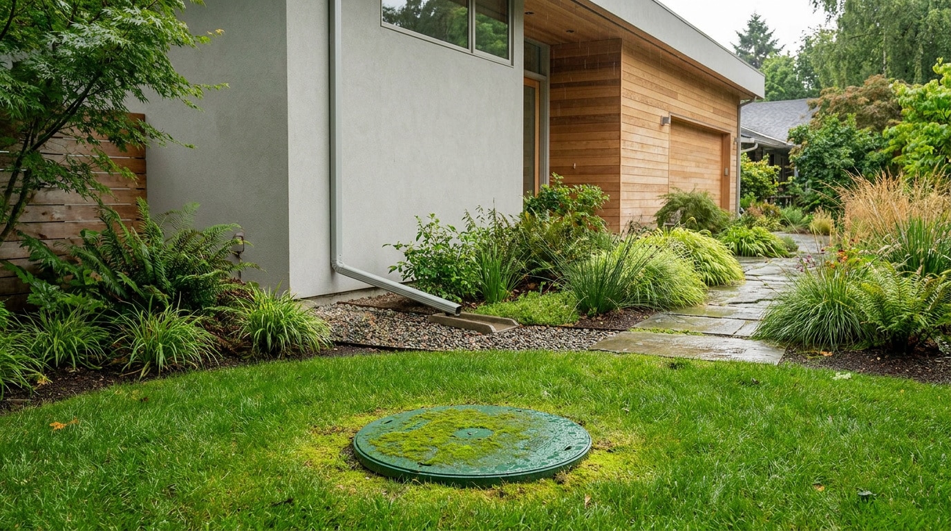 Trappe verte d'un récupérateur d'eau de pluie enterré dans une pelouse devant une maison moderne.