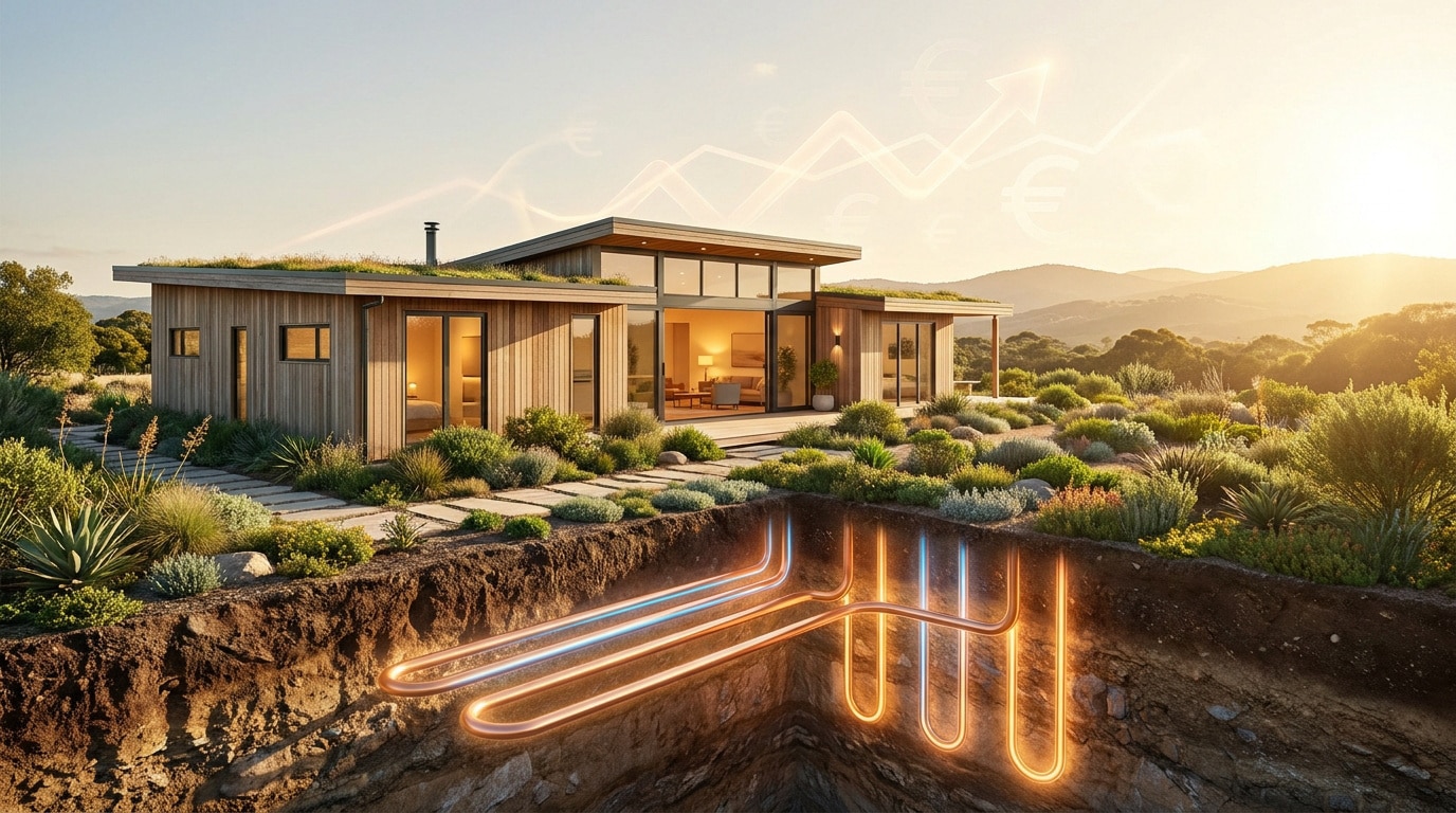 Maison moderne avec une coupe transversale du sol montrant le réseau de chauffage géothermique et une courbe financière.