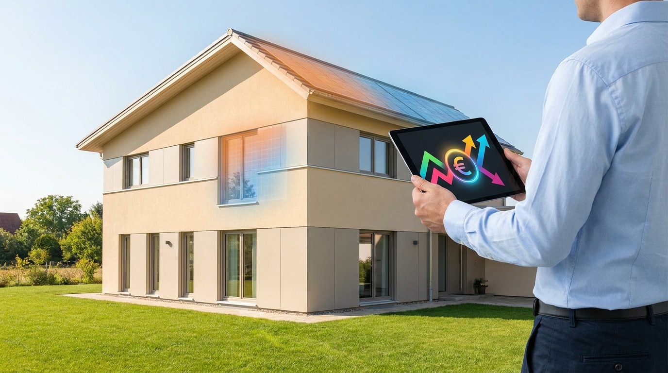Un expert tient une tablette affichant des flèches financières devant une maison moderne avec des panneaux solaires.