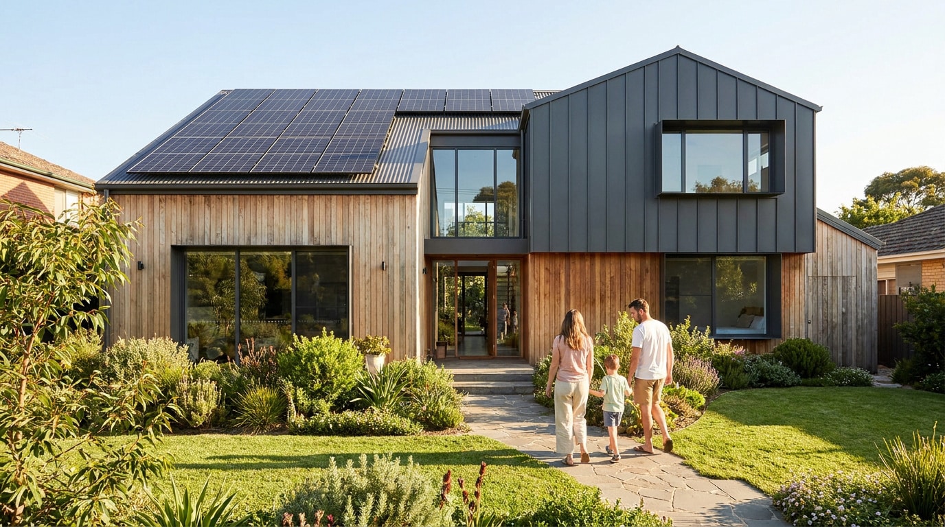 Une famille marche vers une maison moderne rénovée avec des panneaux solaires et un bardage en bois naturel.