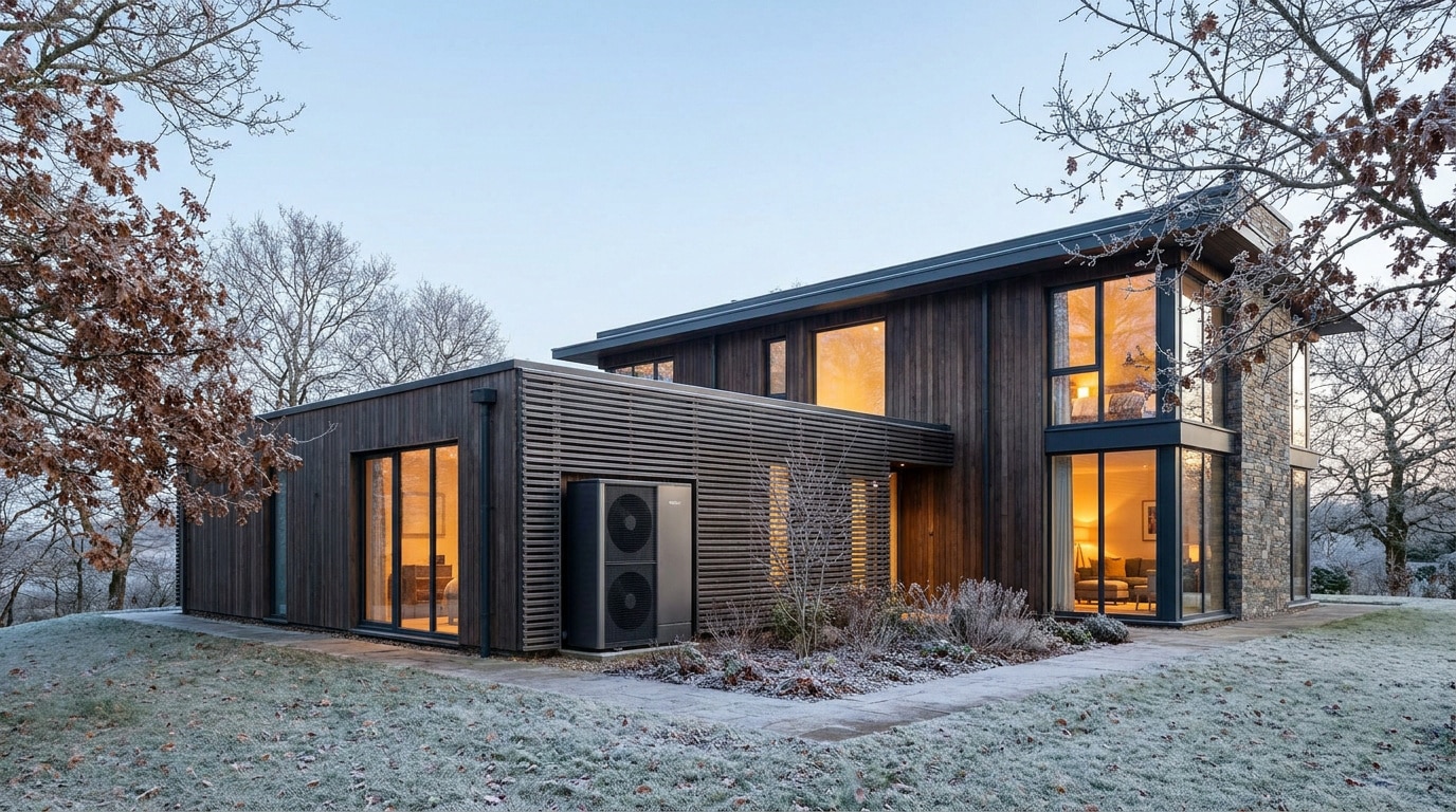 Maison contemporaine en bois avec une pompe à chaleur installée à l'extérieur par une matinée givrée.