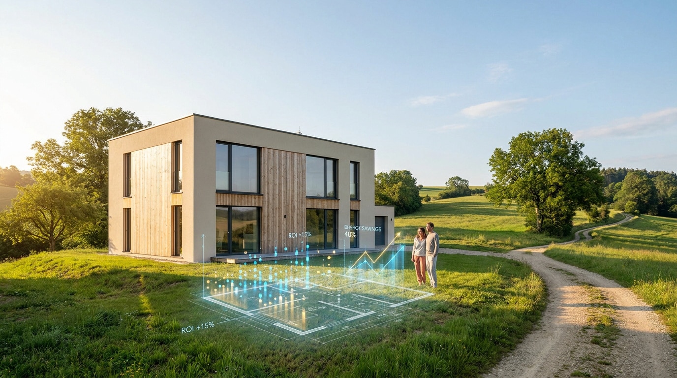 Un couple observe une projection holographique en 3D des performances énergétiques d'une maison passive moderne.