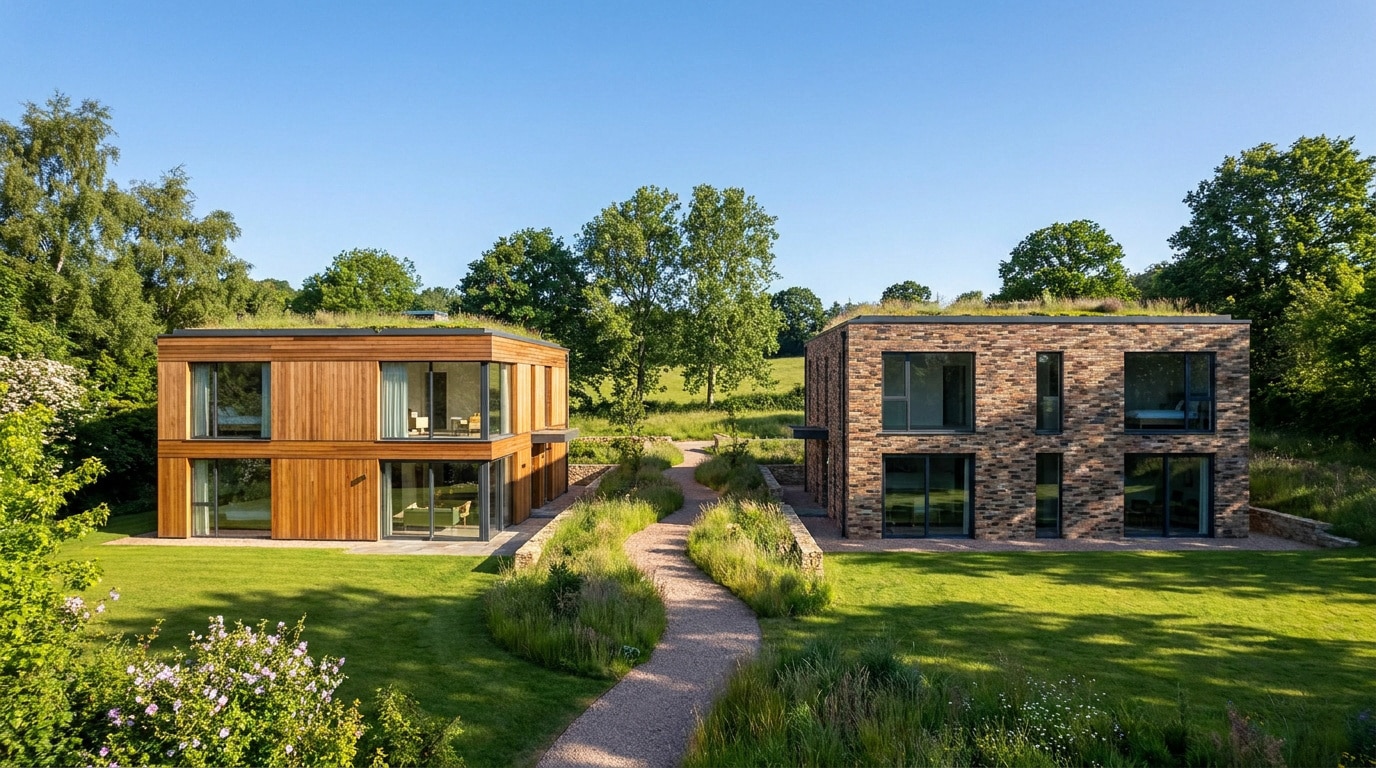 Deux maisons modernes, l'une en bois et l'autre en brique, avec toits végétalisés dans un environnement verdoyant.