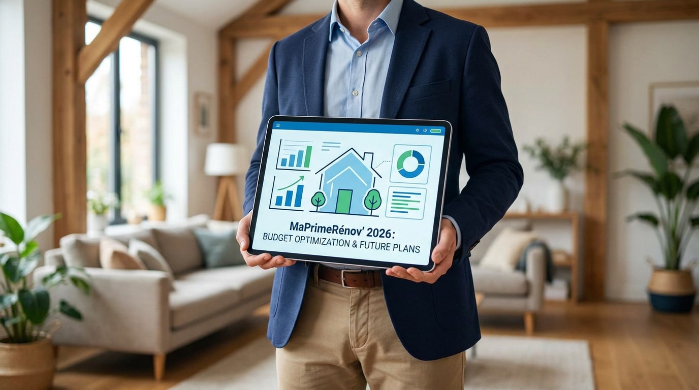 Un homme en blazer présente une tablette affichant des graphiques sur la rénovation énergétique pour MaPrimeRénov' 2026.