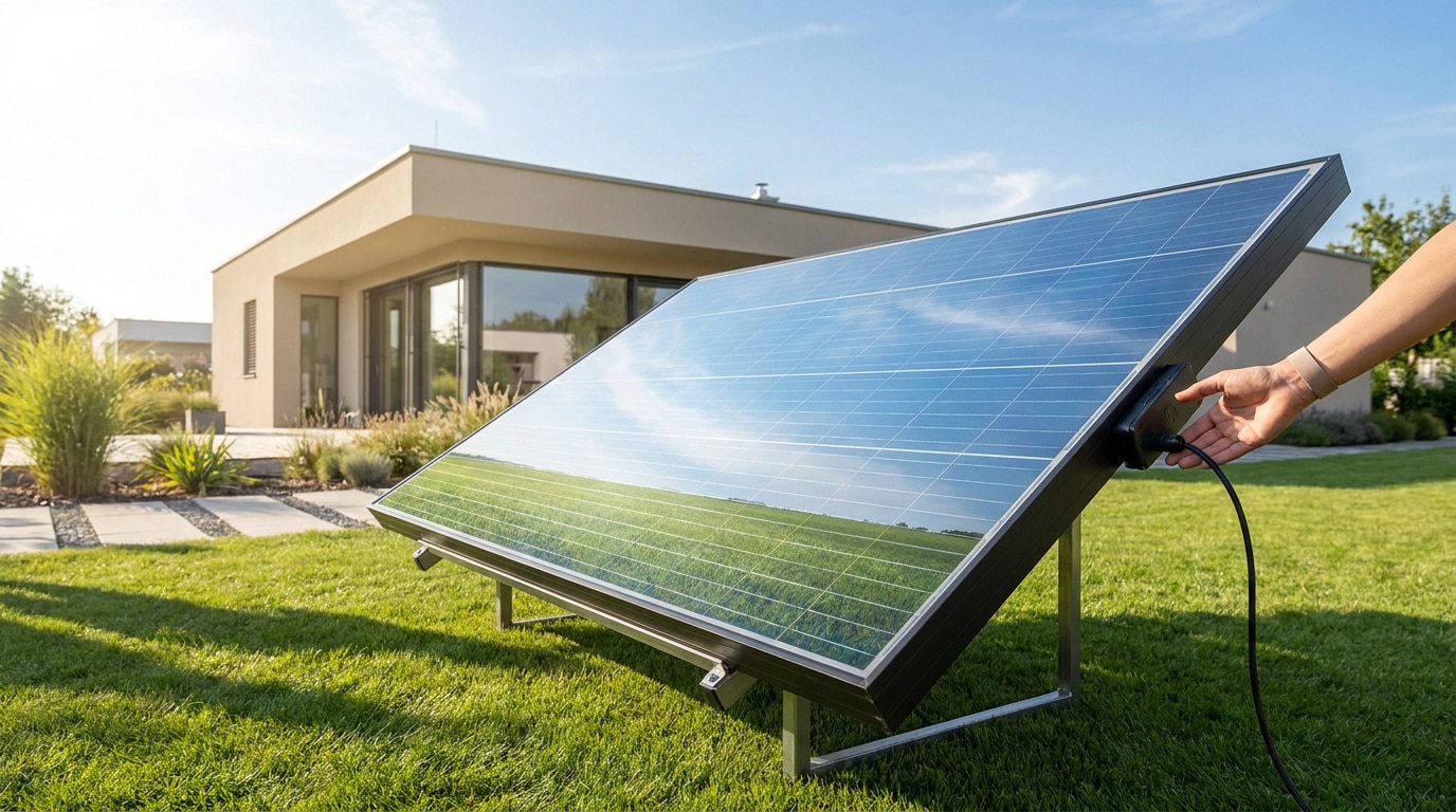 Une main branche un câble sur un panneau solaire posé sur une pelouse devant une maison moderne.