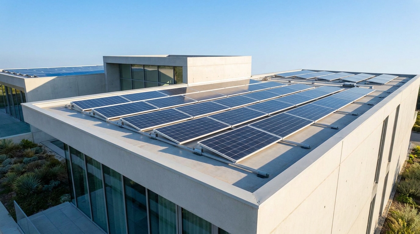Panneaux photovoltaïques inclinés installés sur le toit plat d'une villa moderne en béton.