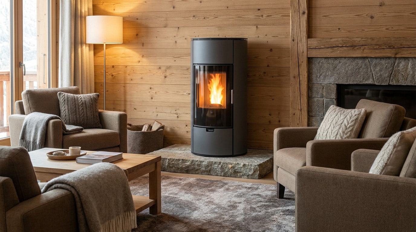 Un poêle à granulés noir design allumé dans un salon chaleureux aux murs en bois avec fauteuils confortables.