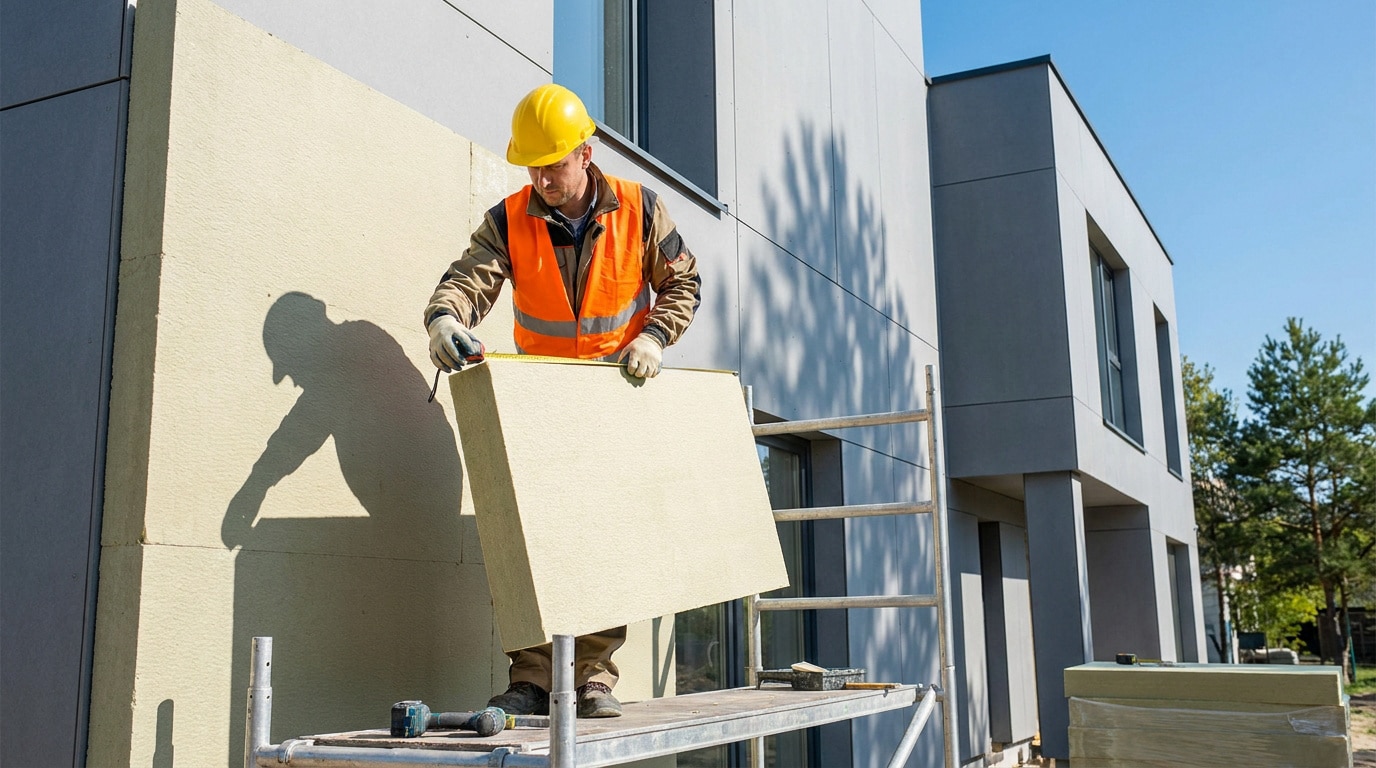 Un ouvrier du bâtiment installe un panneau d'isolation thermique sur la façade d'une maison moderne.