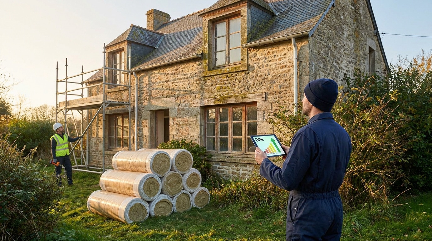 Un professionnel avec une tablette montrant un DPE devant une maison en pierre en cours de travaux d'isolation.