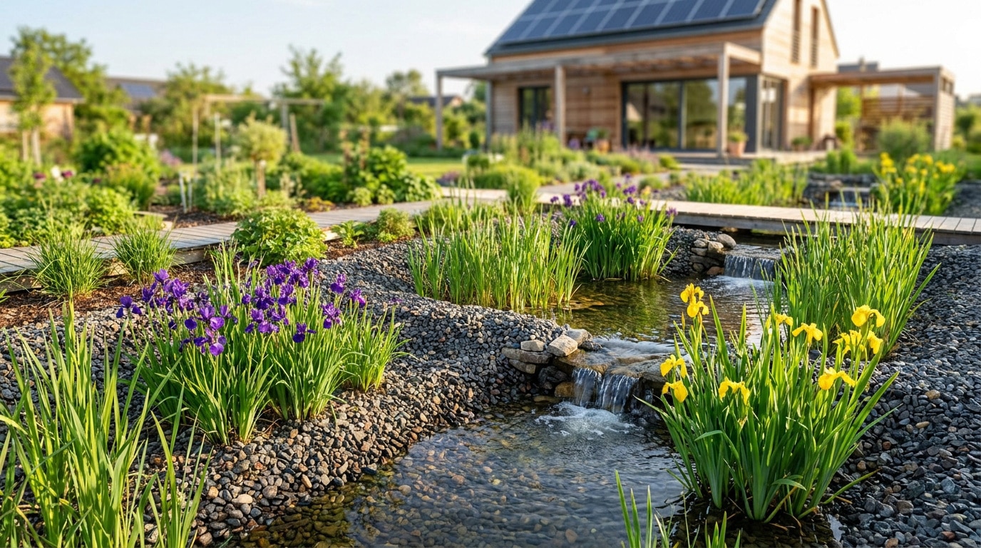 Bassin de phytoépuration avec iris et cascade devant une maison en bois moderne sous un ciel ensoleillé.