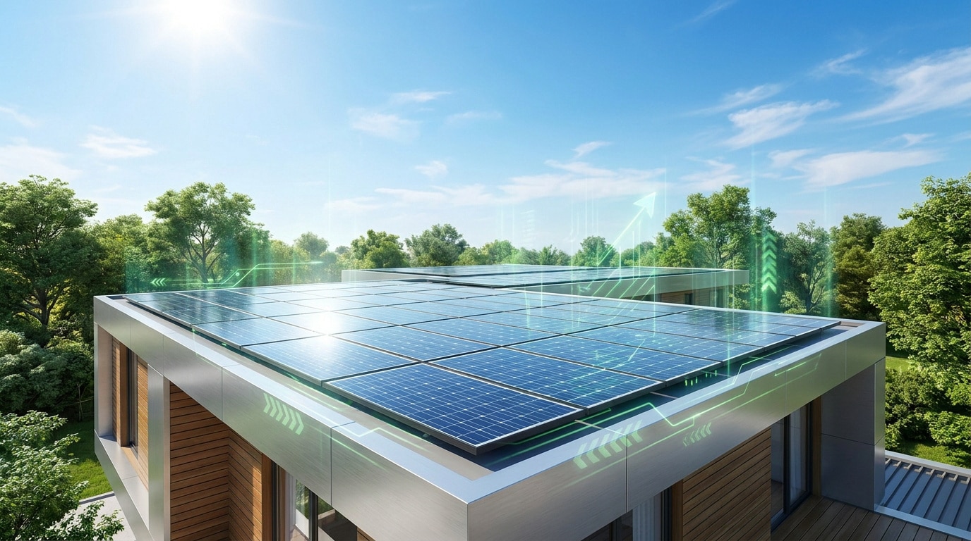 Panneaux solaires sur un toit moderne avec des graphiques numériques projetés, sous un ciel ensoleillé.