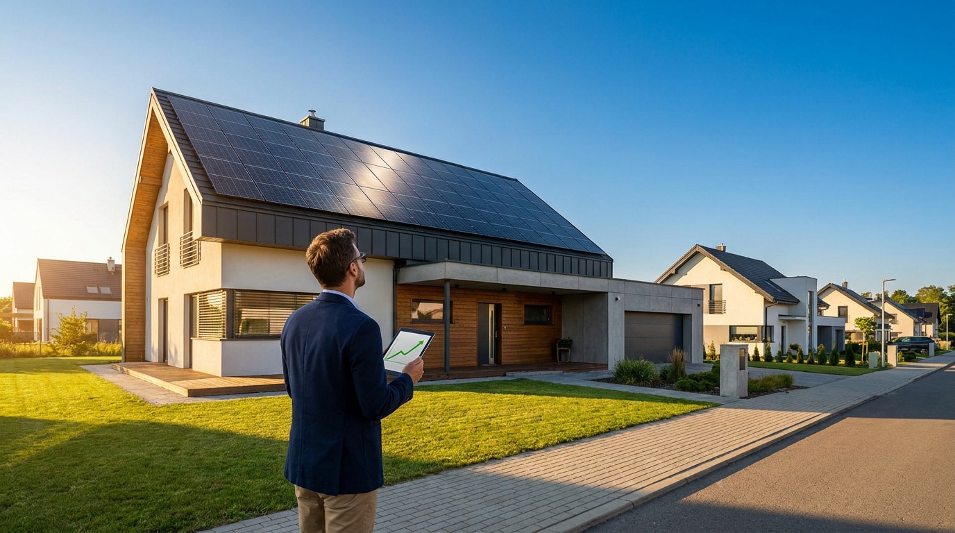 Un homme d'affaires regarde une maison avec des panneaux solaires en tenant une tablette avec un graphique de croissance.