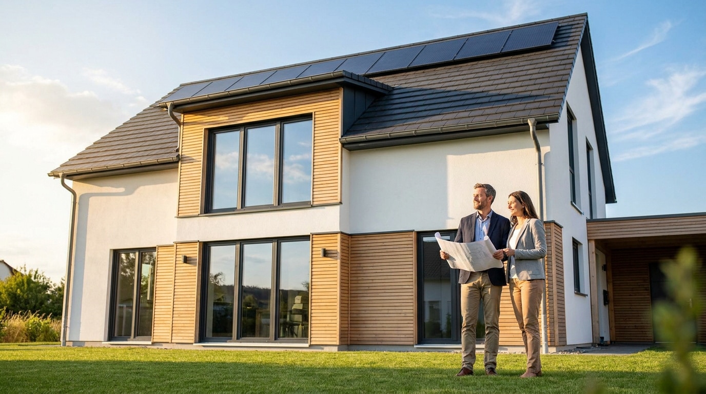 Un couple d'architectes examine les plans d'une maison moderne avec des panneaux solaires en extérieur.
