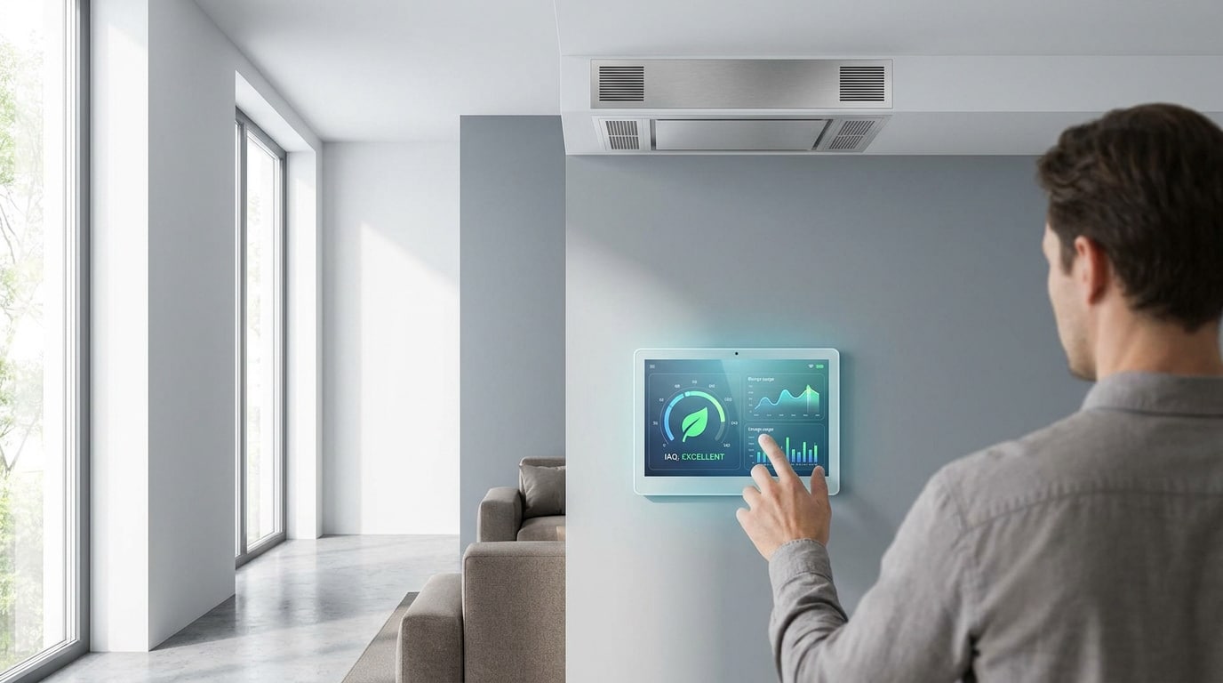 Un homme ajuste les paramètres d'un système de ventilation VMC via un écran tactile mural dans une maison moderne.