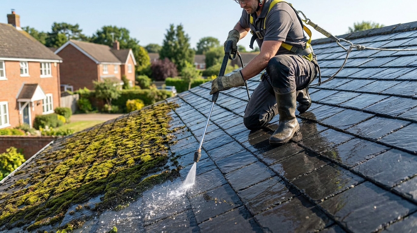 Professionnel équipé d'un harnais nettoyant une toiture en ardoise couverte de mousse avec un nettoyeur haute pression.