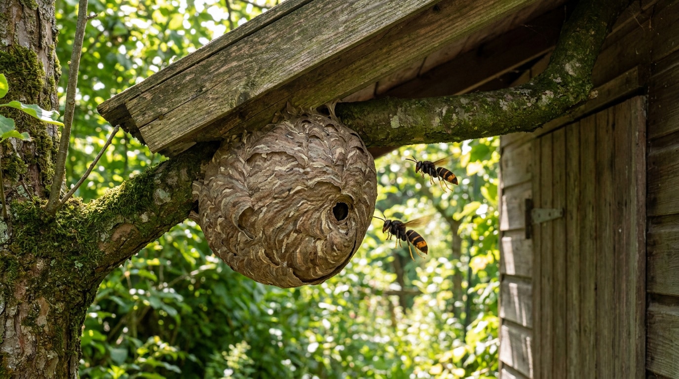 Nid de frelon asiatique suspendu sous une avancée de toit en bois près d'un arbre avec deux frelons en vol.