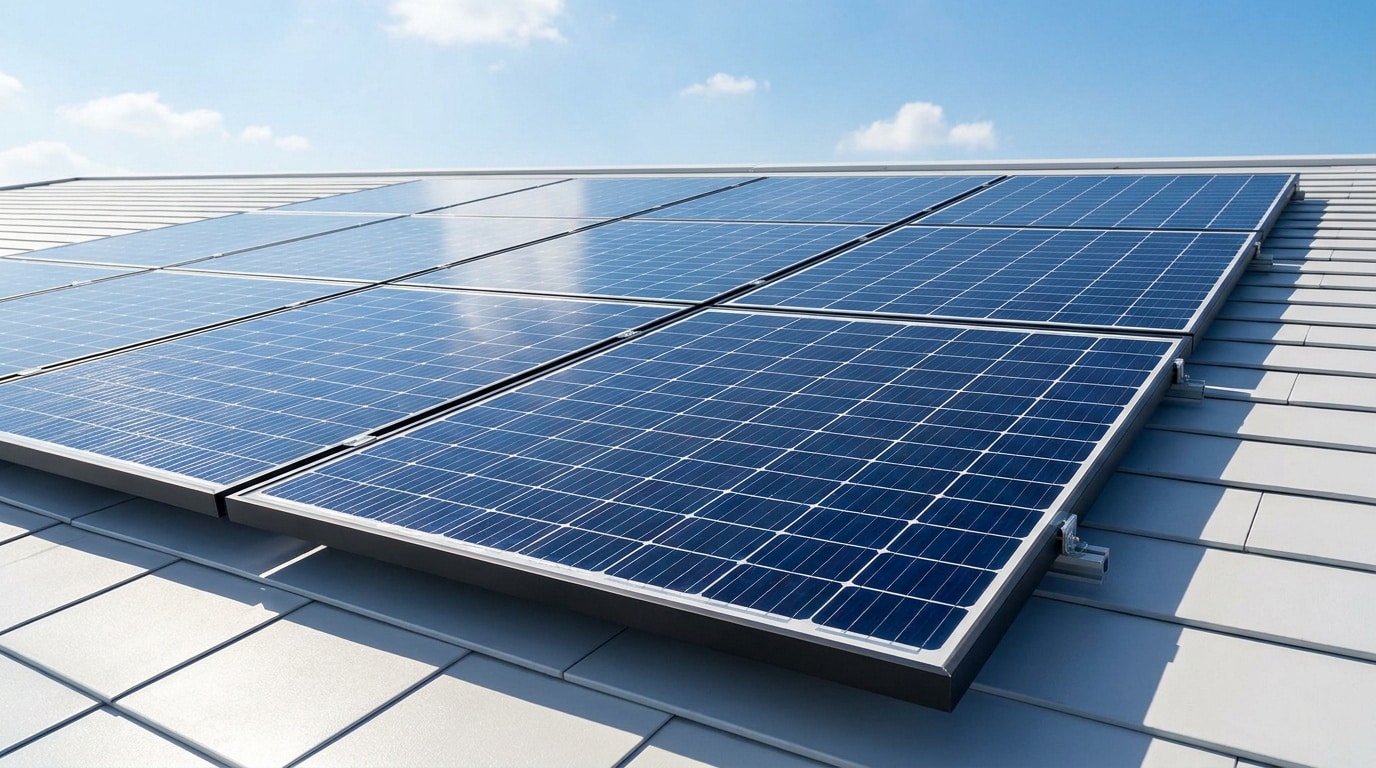 Panneaux solaires photovoltaïques installés sur un toit en tuiles grises sous un ciel bleu dégagé.