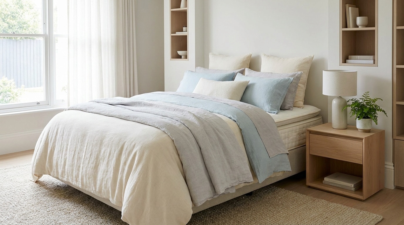 Lit confortable avec draps en lin bleu clair et beige dans une chambre lumineuse au design minimaliste.