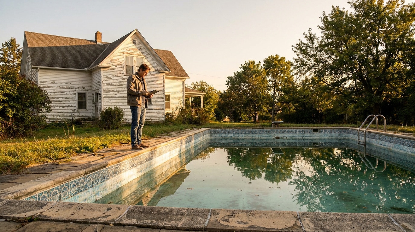 Un homme examine une maison avec une piscine ancienne dégradée à l'aide d'une tablette numérique.