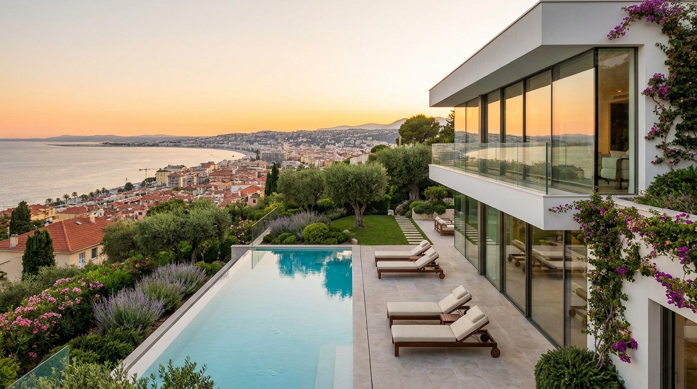 Villa moderne à Nice avec piscine à débordement et vue sur la baie au coucher du soleil.