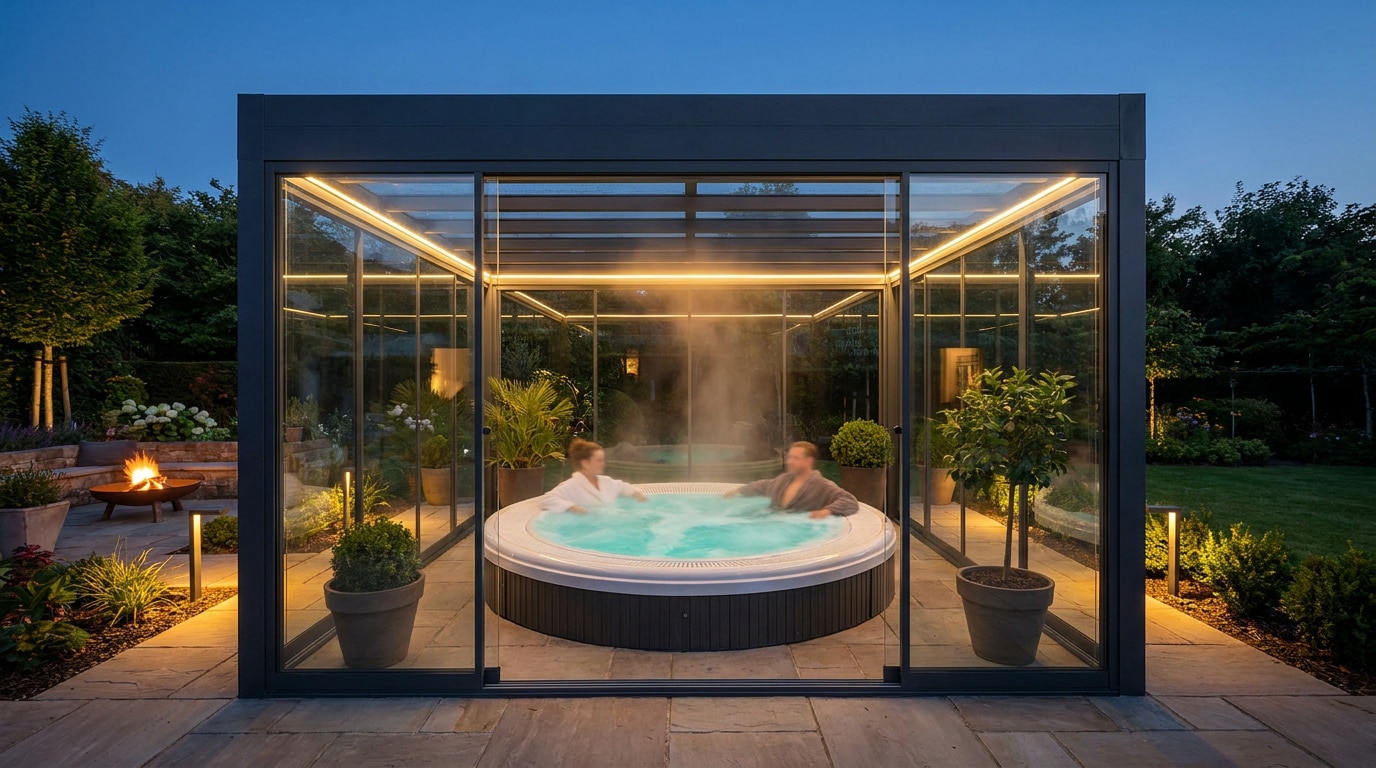 Couple se relaxant dans un spa sous un abri vitré moderne et élégant au crépuscule.