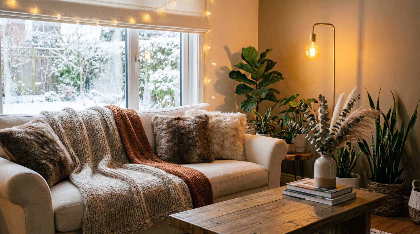 Salon cocooning avec canapé confortable, guirlandes lumineuses et vue sur un jardin enneigé à travers une fenêtre.
