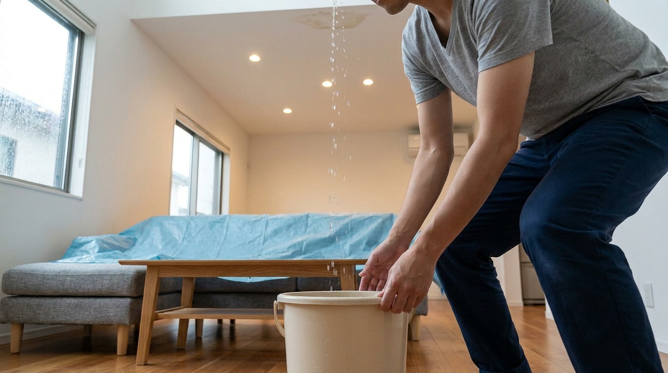 Un homme utilise un seau pour recueillir l'eau qui s'écoule d'une fuite au plafond de son salon.