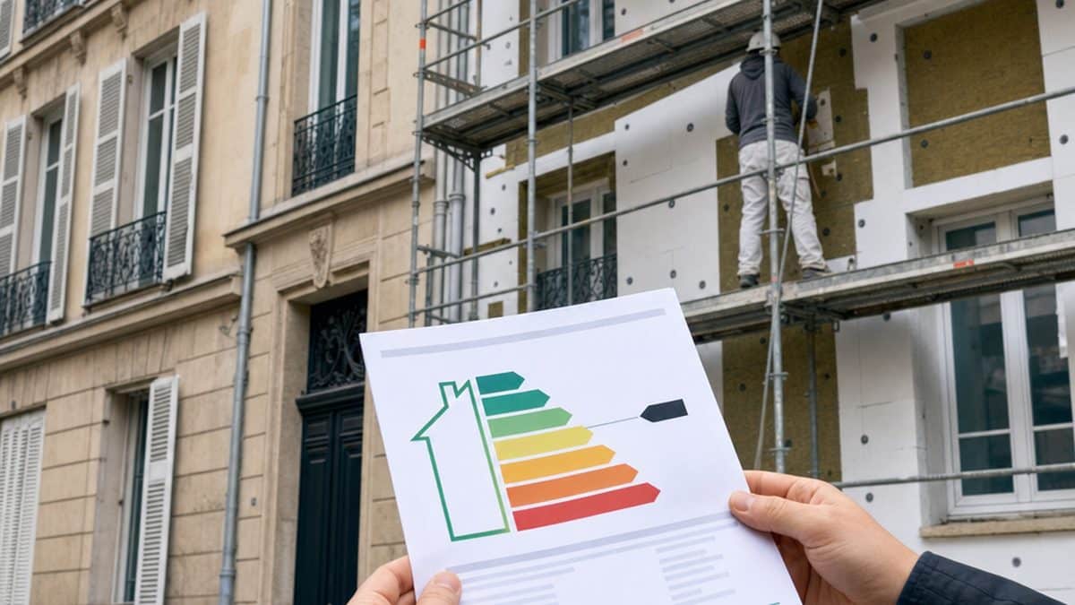 Diagnostic de performance énergétique devant un immeuble en rénovation, avant de louer une passoire thermique